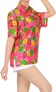 LA LEELA Women's Beach Casual Hawaiian Blouse Short Sleeve button Down Shirt Printed Pink DRT153