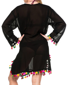 La Leela Solid Long sleeves Beach wear Pom Pom  Bikini Swimwear Cover up TOP M B