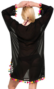 La Leela Solid Long sleeves Beach wear Pom Pom  Bikini Swimwear Cover up TOP M B