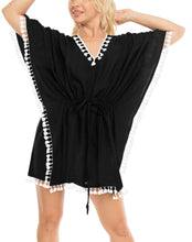 Load image into Gallery viewer, La Leela Kimono Blouse Bikini Swimwear Swimsuit Beach wear Pom Pom Cover up blac