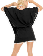 Load image into Gallery viewer, La Leela Kimono Blouse Bikini Swimwear Swimsuit Beach wear Pom Pom Cover up blac