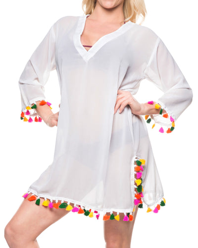 La Leela Solid Long sleeves Beach wear Pom Pom  Bikini Swimwear Cover up TOP S W