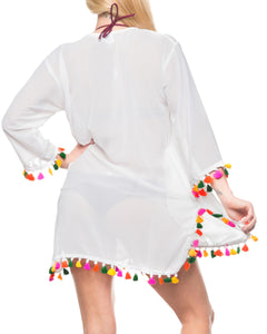 La Leela Solid Long sleeves Beach wear Pom Pom  Bikini Swimwear Cover up TOP M W