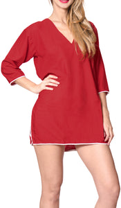 la-leela-bikini-swimwear-swimsuit-beach-cardigan-cover-ups-women-dresses-solid-OSFM 16-18 [ XL]-Blood Red_B507
