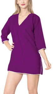 La Leela Solid Long sleeves Beach wear Pom Pom  Bikini Swimwear Cover up TOP S W