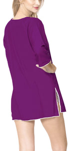 La Leela Solid Long sleeves Beach wear Pom Pom  Bikini Swimwear Cover up TOP S W
