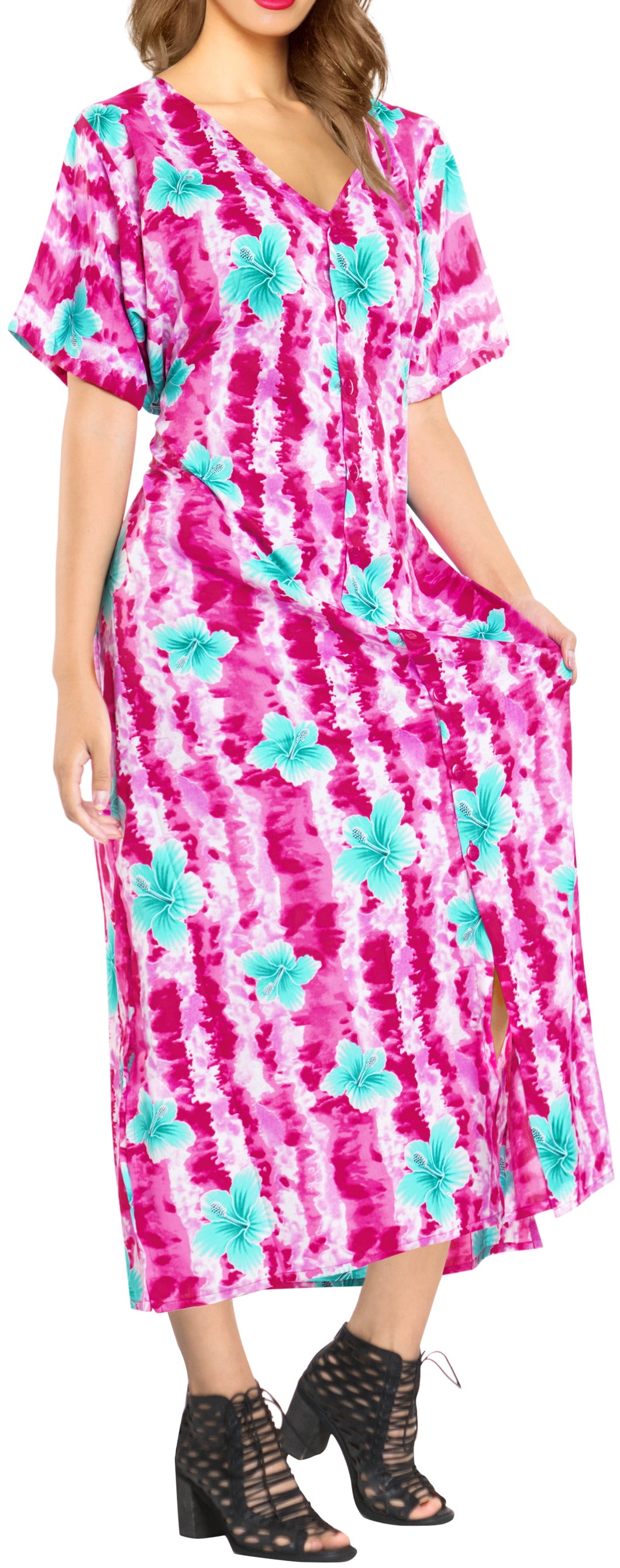 La Leela Womens Floral Beach Cover up Button Closure Evening Dress MAXI Caftan P