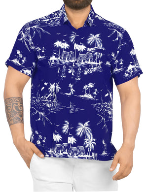 LA LEELA Shirt Casual Button Down Short Sleeve Beach Shirt Men Aloha Pocket shirt Blue_W420