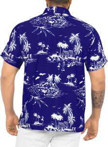 LA LEELA Shirt Casual Button Down Short Sleeve Beach Shirt Men Aloha Pocket shirt Blue_W420