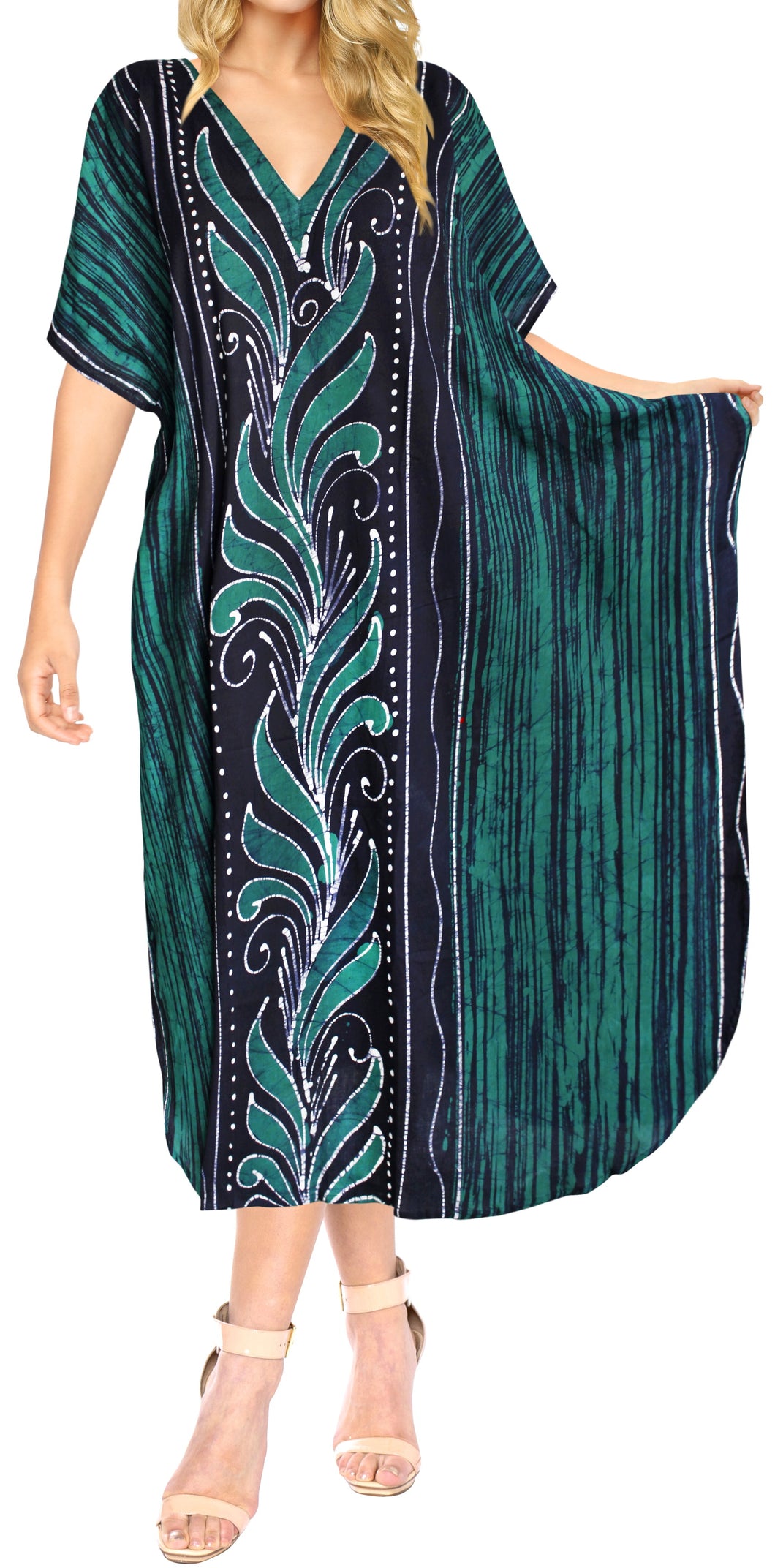 la-leela-100-cotton-batik-womens-kaftan-kimono-summer-beachwear-cover-up-dress-OSFM 14-18W [L- 2X]-Green_B233