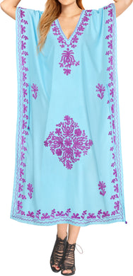 Women's Long Beach Designer Rayon Swimwear Swimsuit Cover up Caftan Turquoise Blue Violet Embroidery TOP 907575