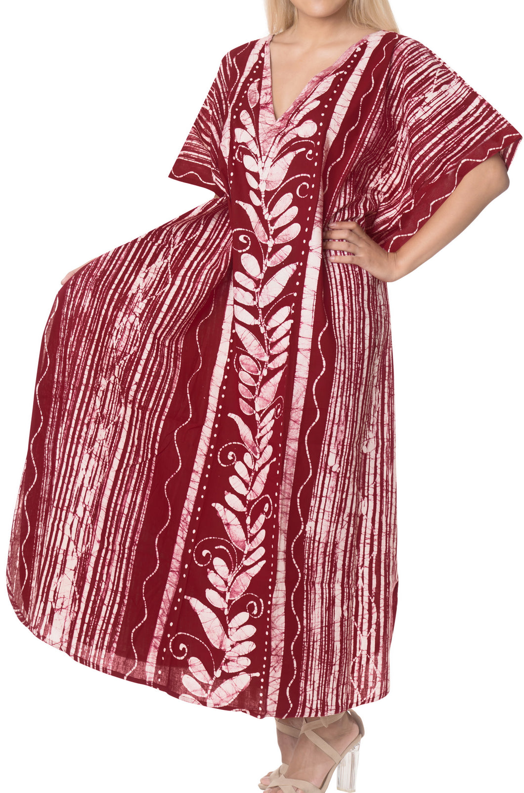 la-leela-100-cotton-batik-womens-kaftan-kimono-summer-beachwear-cover-up-dress-OSFM 14-18W [L- 2X]-Maroon_B40