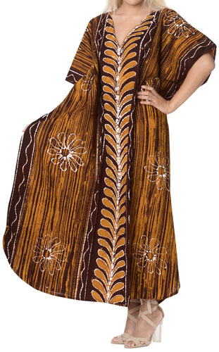 la-leela-100-cotton-batik-womens-kaftan-kimono-summer-beachwear-cover-up-dress-OSFM 14-18W [L- 2X]-Brown_B37