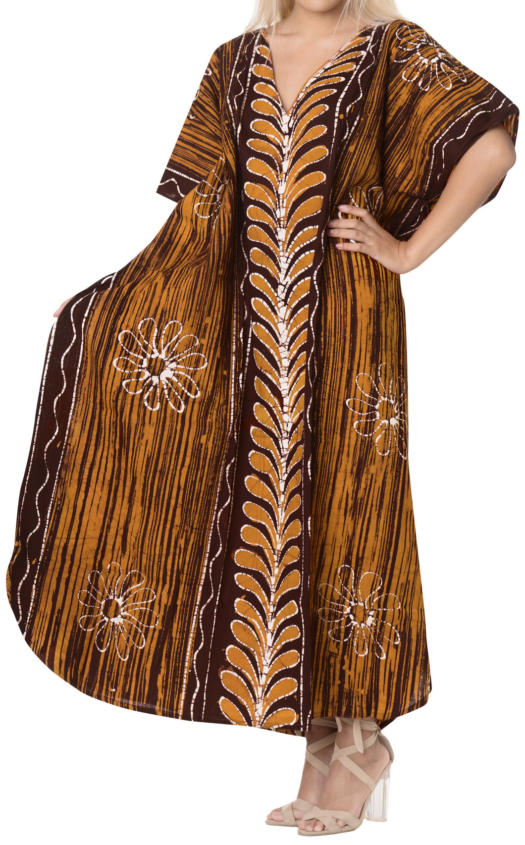 la-leela-100-cotton-batik-womens-kaftan-kimono-summer-beachwear-cover-up-dress-OSFM 14-18W [L- 2X]-Brown_B37