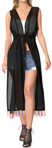 LA LEELA Women's Flowy Kimono Cardigan Coverup Open Front Maxi Dress Solid Plain Black