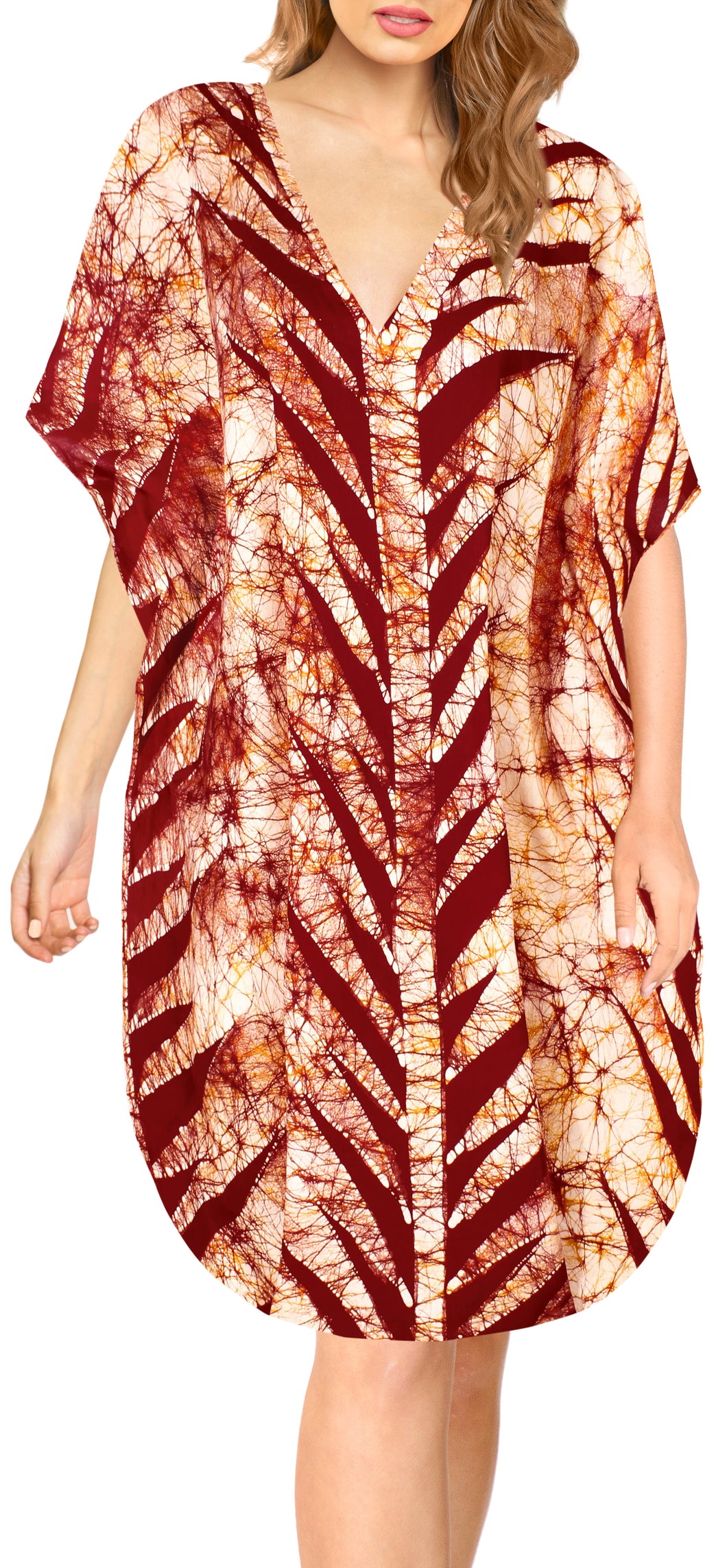 la-leela-cotton-batik-short-caftan-vacation-top-OSFM 14-18W [L- 2X]-Pumpkin Orange_A835