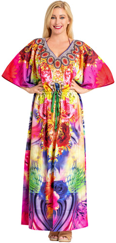 LA LEELA Likre Digital Long Caftan Women's Multicolor_696 OSFM 14-22W [L-3X] Multicolor_A827