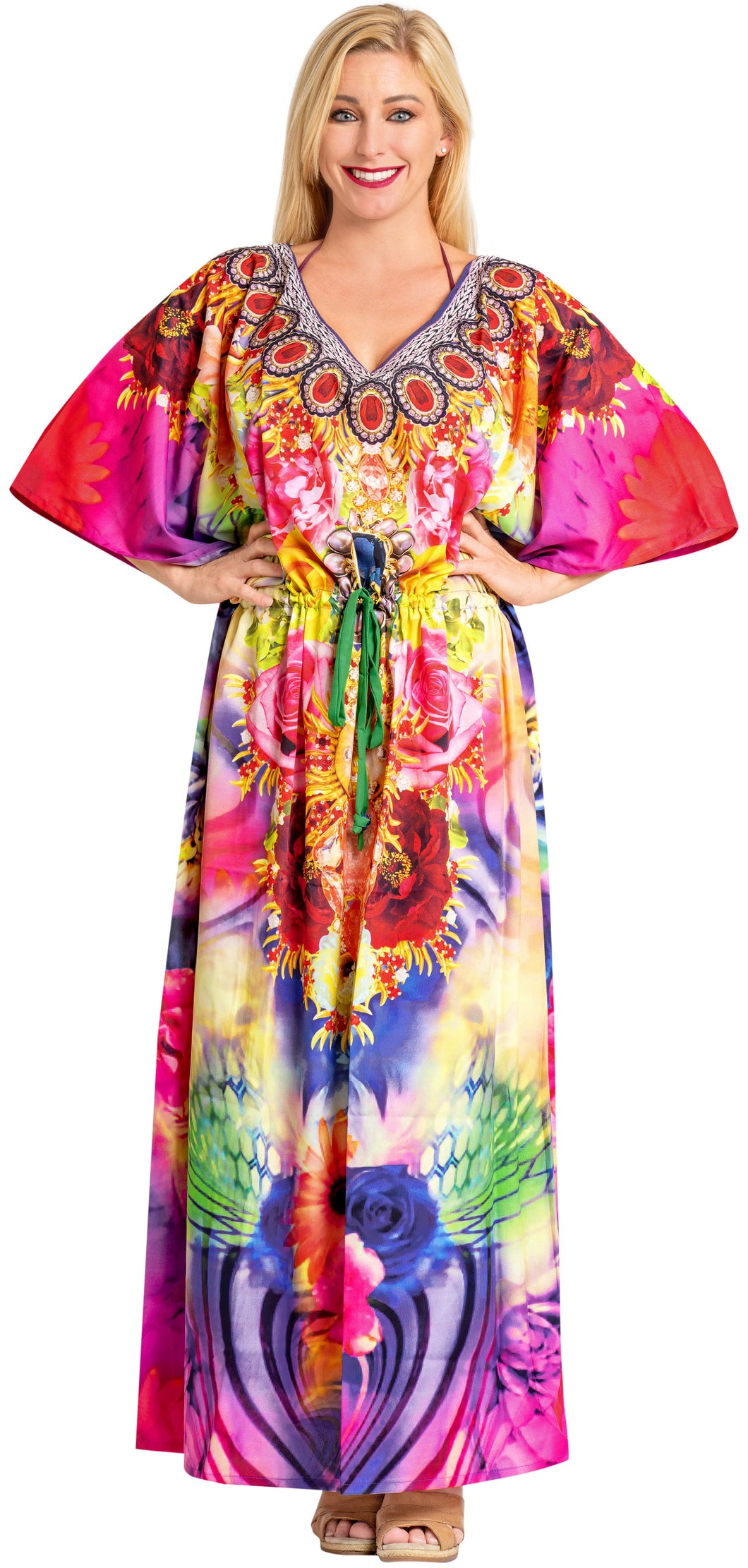 LA LEELA Likre Digital Long Caftan Women's Multicolor_696 OSFM 14-22W [L-3X] Multicolor_A827