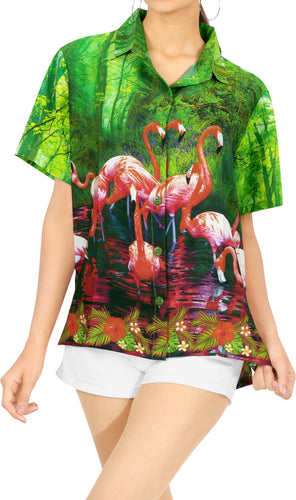 LA LEELA Women's Hawaiian Shirt Relaxed Fit Tropical Beach Shirt S Green_X202
