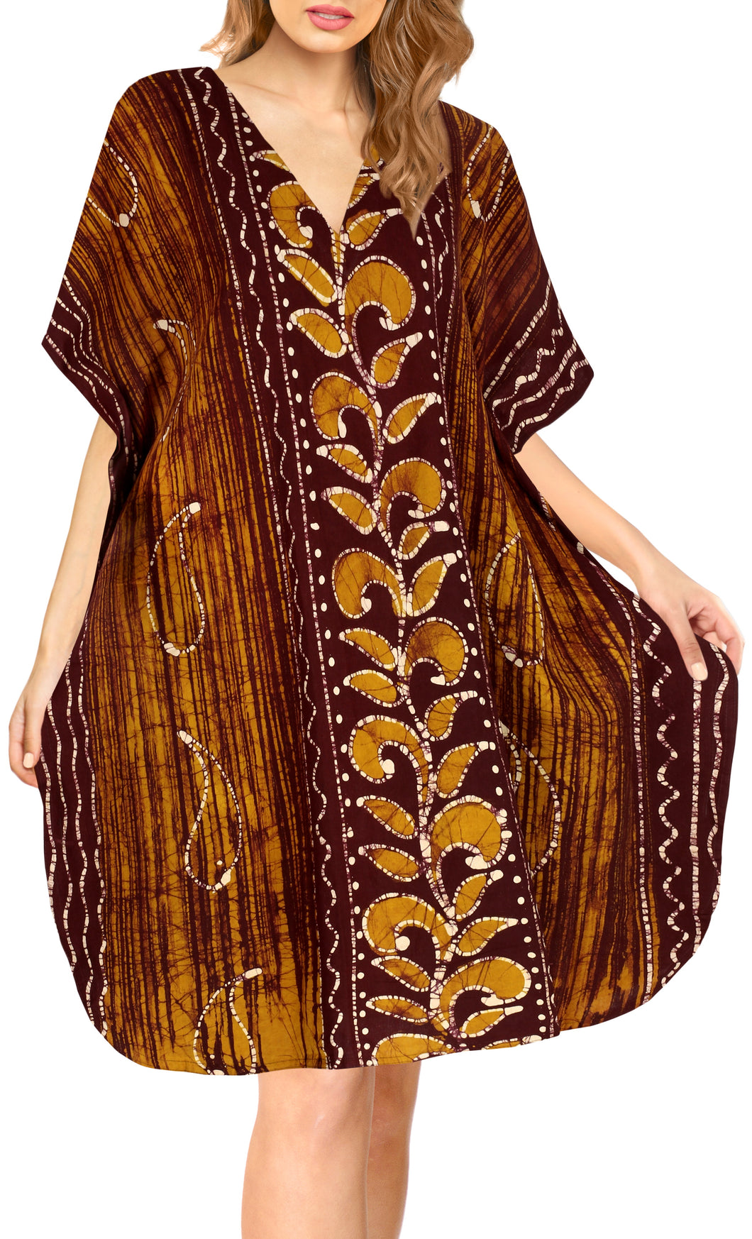 la-leela-cotton-batik-short-caftan-vacation-top-OSFM 14-18W [L- 2X]-Brown_A645