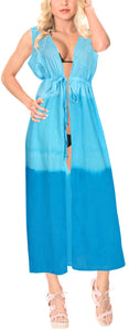 LA LEELA Women's Cotton Swimsuit Cover Up Tie Dye Long Length Drawstring Blue