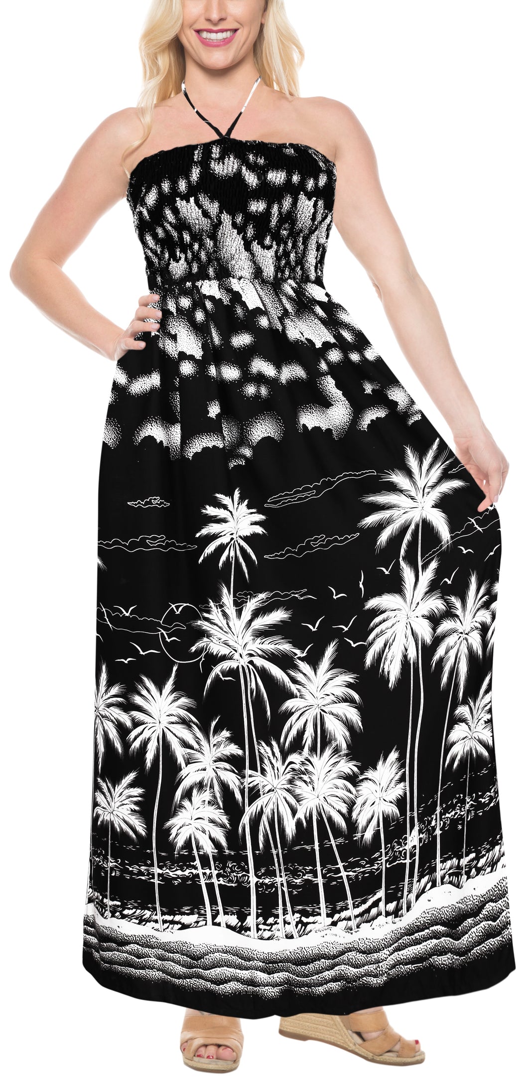 LA LEELA Long Maxi Hawaiian Halter Neck Tube Dress For Women Beach Pool Party Casual Outfits Ladies Summer Outing Wear