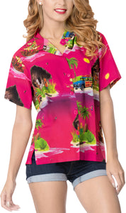 La Leela Women's Support Breast Cancer Pink Scenic Beach Hawaiian Aloha Tropical Beach Relaxed Fit  Short Sleeve Blouse Printed Shirt Pink