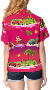 La Leela Women's Support Breast Cancer Pink Scenic Beach Hawaiian Aloha Tropical Beach Relaxed Fit  Short Sleeve Blouse Printed Shirt Pink