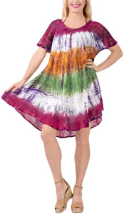 LA LEELA Women's Midi Beach Dress Regular Office Work Swing Dress Hand Tie Dye Multicolor