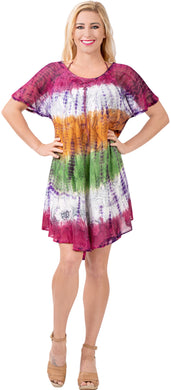 LA LEELA Women's Midi Beach Dress Regular Office Work Swing Dress Hand Tie Dye Multicolor