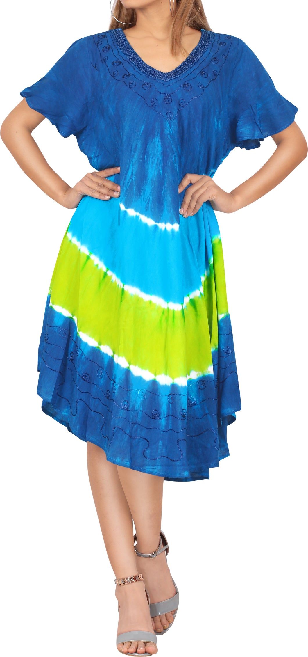 LA LEELA Embroidered Tie Dye Short Beachwear Dress OSFM 14-20W [L- 2X]Blue_3692