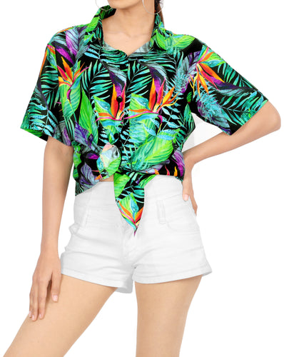 LA LEELA Women's Beachy Floral Print Hawaiian Blouse Shirt Breezy Summer Wear Short Sleeve Collar Shirt Jade, Tropical Pinnate