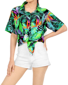 Black Allover Palm Leaves Printed Hawaiian Shirt For Women