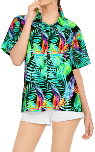 Black Allover Palm Leaves Printed Hawaiian Shirt For Women