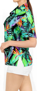 Black Allover Palm Leaves Printed Hawaiian Shirt For Women