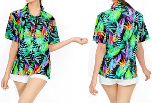 Black Allover Palm Leaves Printed Hawaiian Shirt For Women
