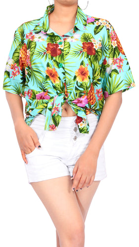 LA LEELA Women's Beachy Floral Print Hawaiian Blouse Shirt Breezy Summer Wear Short Sleeve Collar Shirt Lime Green