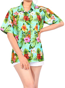 LA LEELA Women's Beachy Floral Print Hawaiian Blouse Shirt Breezy Summer Wear Short Sleeve Collar Shirt Lime Green