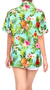 LA LEELA Women's Beachy Floral Print Hawaiian Blouse Shirt Breezy Summer Wear Short Sleeve Collar Shirt Lime Green