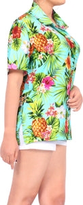 LA LEELA Women's Beachy Floral Print Hawaiian Blouse Shirt Breezy Summer Wear Short Sleeve Collar Shirt Lime Green