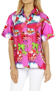 HAPPY BAY Women's Christmas Santa Claus Hawaiian Blouse Shirt Swim Short Sleeves Loose Fit Pink_AA98
