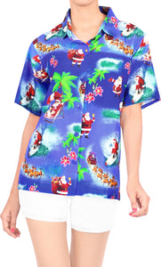 HAPPY BAY Women's Christmas Santa Claus Swim Hawaiian Regular Fit Short Sleeve Tunic Shirt - DRT231Blue