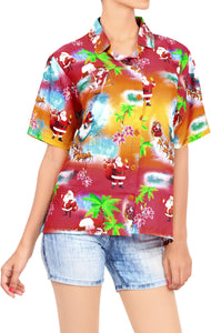 HAPPY BAY Women's Christmas Santa Claus Hawaiian Blouse Shirt Beach Aloha Party Camp Shirt - DRT231Red