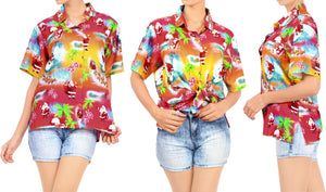 HAPPY BAY Women's Christmas Santa Claus Hawaiian Blouse Shirt Beach Aloha Party Camp Shirt - DRT231Red