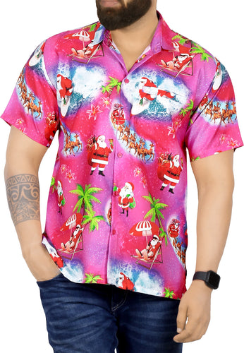 La Leela Men's 3D HD Santa Claus Christmas Beach Camp Short Sleeve Hawaiian Shirt - DRT231Pink