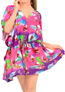 La Leela Christmas Pink Cover up Dress with Santa Claus and Xmas Tree Print 3X-4X