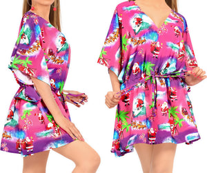 La Leela Christmas Pink Cover up Dress with Santa Claus and Xmas Tree Print 3X-4X