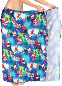LA LEELA Santa Claus Christmas Sarong Swimwear Pareo Coverup 78"X42" Blue_X523