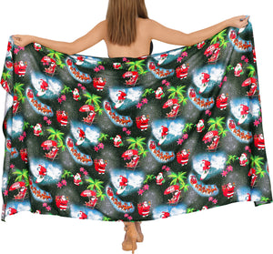 LA LEELA Santa HD Christmas Sarong Swimwear Bell Cover Up 78"X42" Black_X521