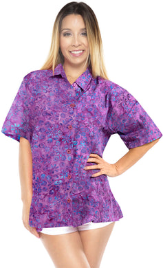 la-leela-womens-beach-wear-button-down-short-sleeve-casual-100-cotton-floral-hand-printed-blouse-purple